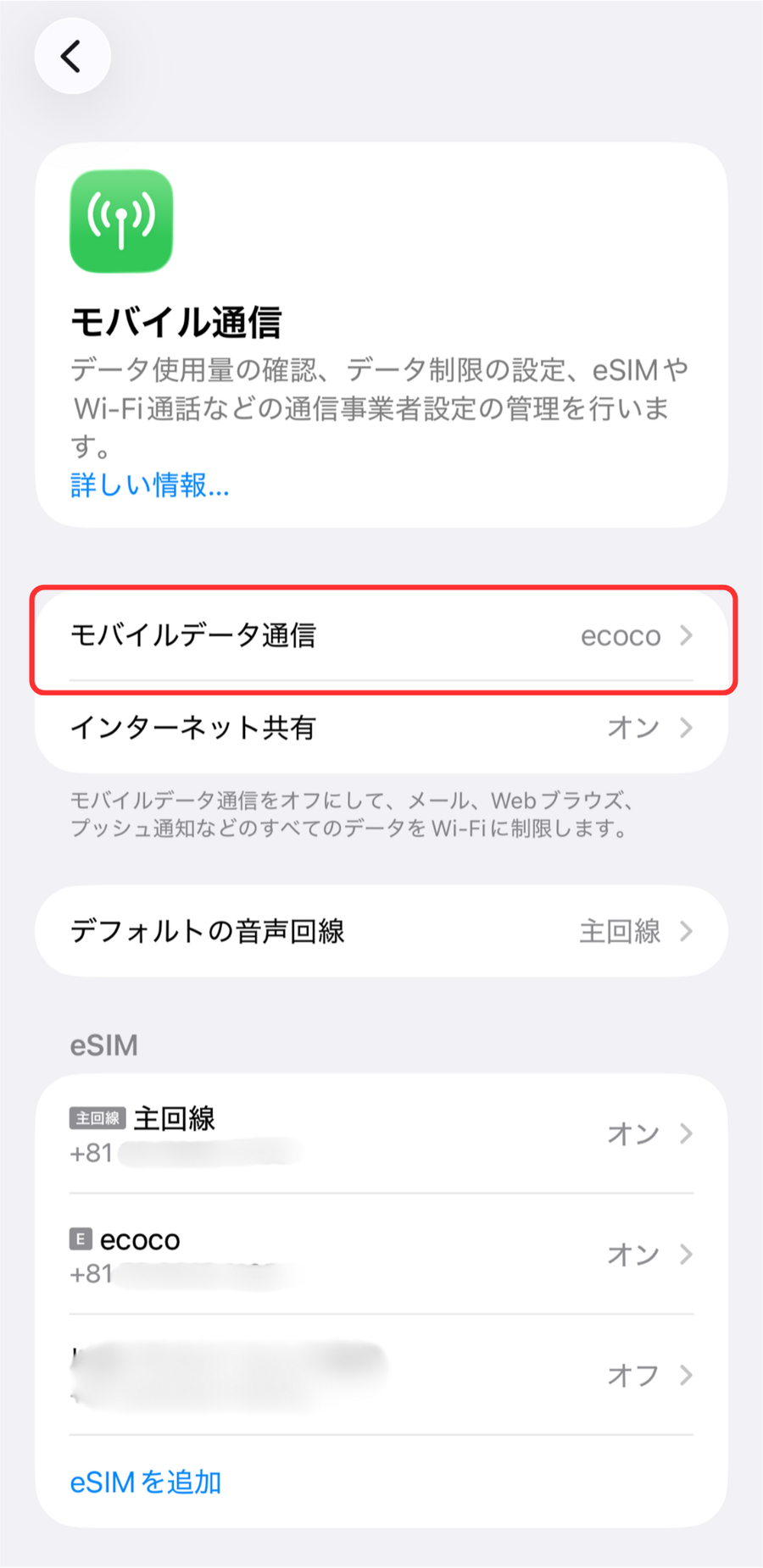 iPhone モバイル通信設定 STEP1