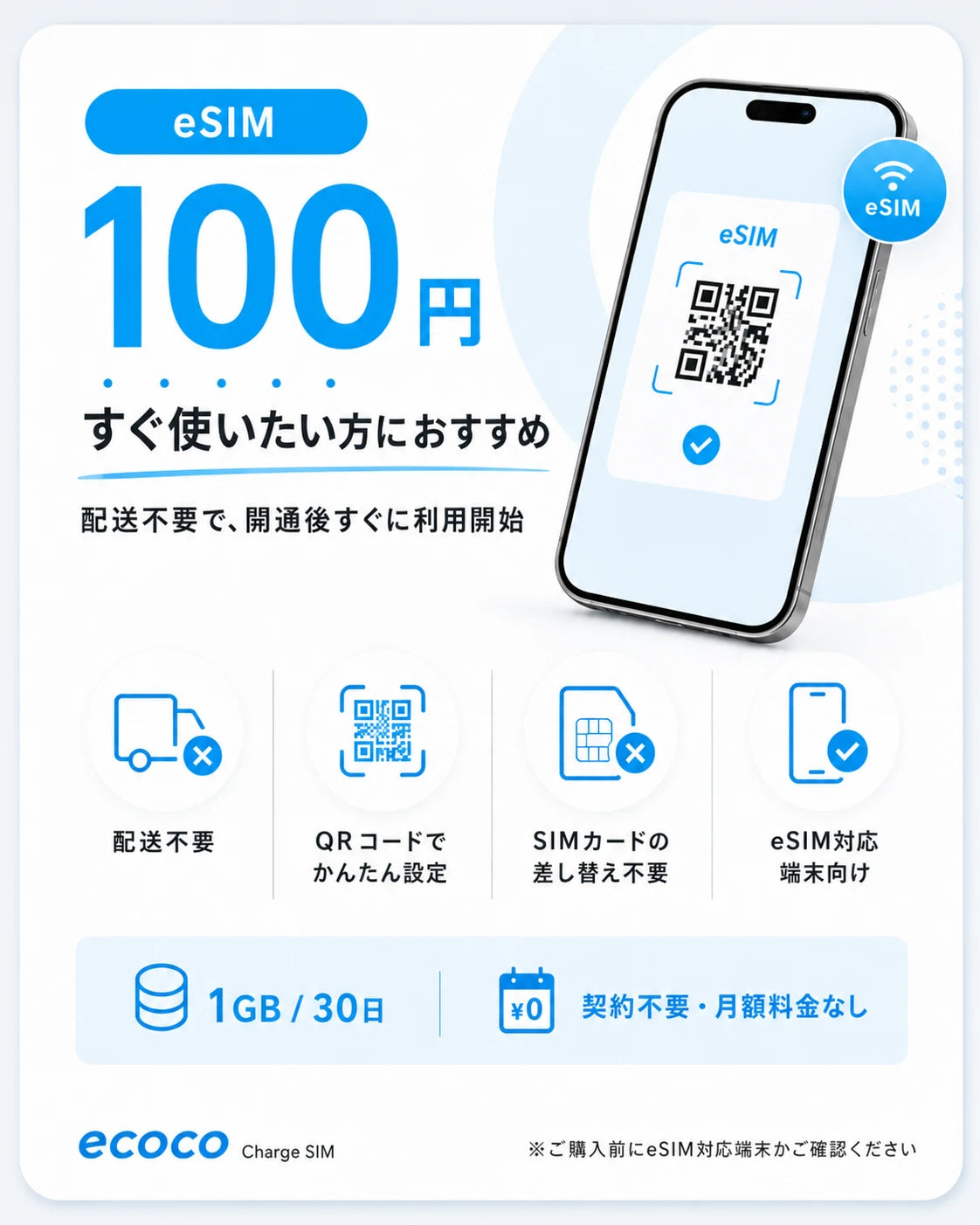 eSIM 100円 1GB 30日 配送不要・QRコードでかんたん設定