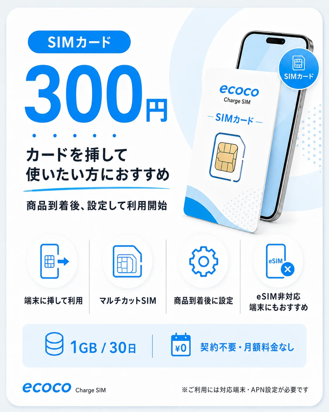 SIMカード 300円 1GB 30日 カードを挿して使いたい方におすすめ